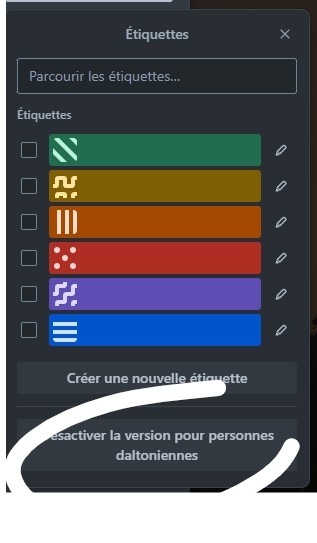 exemple de version d'étiquettes de couleurs en version pour daltoniens sur Trello