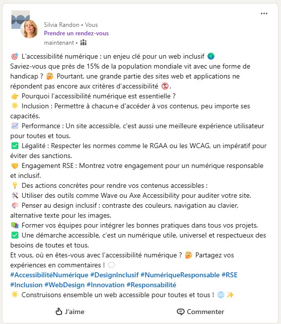 Trop d'émojis dans un post linkedin rend le message inaudible pour ceux qui utilisent des aides à la navigation