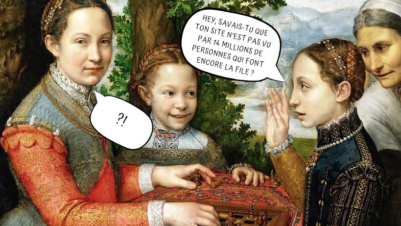 Peinture représentant des jeunes femmes avec des bulles de dialogue humoristiques.